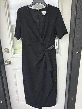 DKNY Black Wrap Dress Size 2 Short Sleeve Midi Sheath Cocktail Work NWT